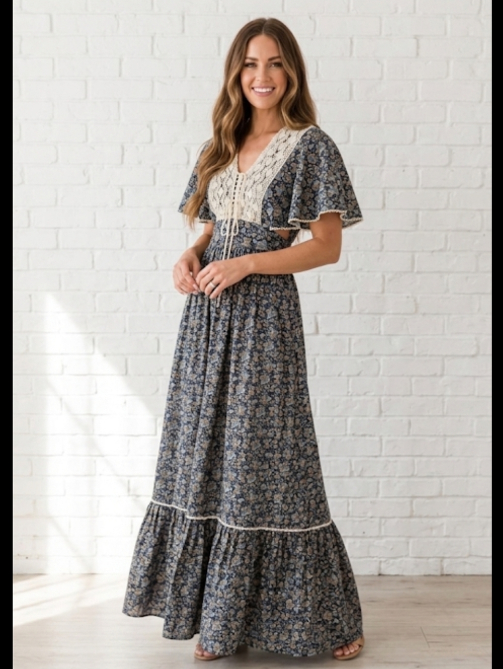 Phase II Vintage 70's Blue Calico Floral Prairie Cottage Boho Maxi Dress Size 11